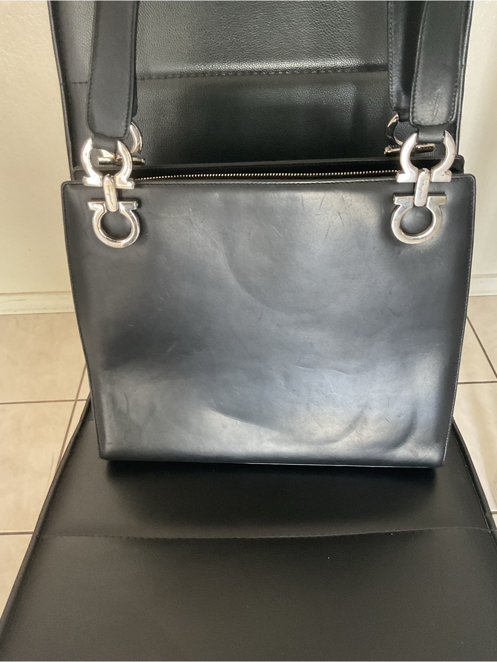 Salvatore Ferragamo Black Leather Messenger with Signature Gancini Hardware